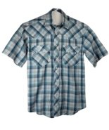 RUSTLER Vintage Blue Plaid Pearl Snap Short Sleeve Western Shirt Mens Si... - £27.45 GBP