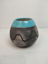 Blue Glazed Studio Pottery Raku Vase Bowl Blue Glaze Abstract Design 200... - £18.68 GBP