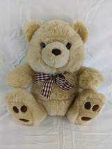 A&amp;A Tan Bear Plush 10 Inch Maroon Checkered Bow Stuffed Animal Toy - £10.34 GBP