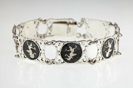 Vintage Thai Argent Siam Niello Émail Noir Panneau Bracelet 7.25 &quot; - $156.35