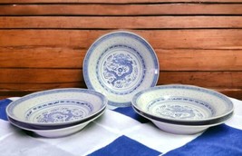 5 Jingdezhen Chinese Blue &amp; White Porcelain Rice Eyes Dragon 8.75&quot; Soup Bowls - $67.32