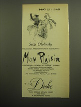 1960 The Drake Hotel Ad - Serge Obolensky Presents Mon Plaisir - £11.74 GBP