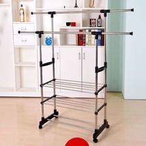 3 Tiers Stainless Steel Clothing Garment Shoe Rack Storage Dual Bars Extensible - £28.97 GBP