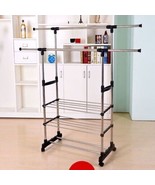 3 Tiers Stainless Steel Clothing Garment Shoe Rack Storage Dual Bars Ext... - $48.82 CAD
