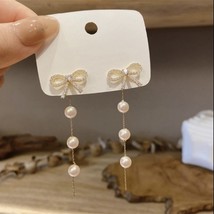 Elegant Bow White Pearl Dangle Drop Earrings for Women - £8.78 GBP