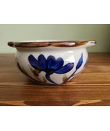 Glazed art Pottery Bowl With Handles blue foral - £9.58 GBP
