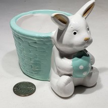White Ceramic Bunny Holding Blue Easter Egg with Aqua Turquoise Basket P... - $16.95