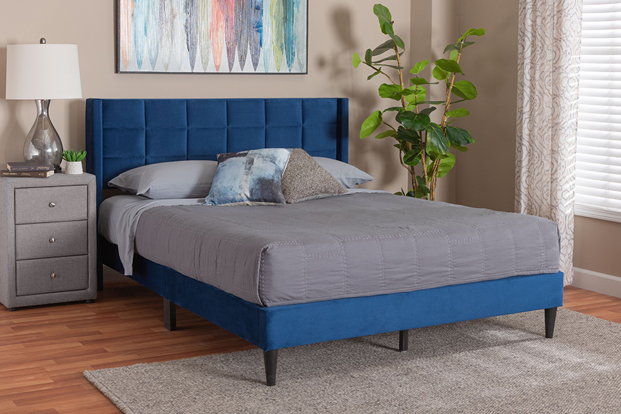 Pelagia Grey Velvet and Dark Brown Wood Queen Bed - $209.00