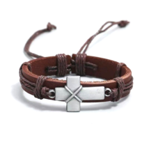 Silver Cross Pendant Brown Leather Bracelet Lord&#39;s Prayer Wristband Bangle Men - £8.71 GBP