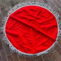 Mid Century Christmas Red Felt Fuzzy W/ White Fringe Tablecloth or Tree Skirt. - $23.38