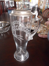 Glass beer stein, contemporary style footed etched flowers decoration original  - £34.79 GBP