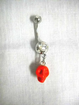 Bold Orange 3D Human Skull Head Charm On 14g Clear Cz Belly Ring Navel Barbell - £4.73 GBP