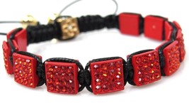 Mens Womens Red Rhinestone Pave Square Bead Cuff Bracelet Adjustable - $15.84