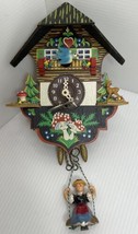 Vintage wooden miniature cuckoo clock forest Mushroom Deer Swiss Girl Swing 6” - £18.67 GBP