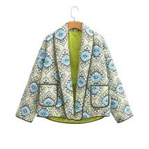 Autumn Winter Green Paisley Flower Print Lapel Quilted Coat Ethnic Women... - £17.58 GBP