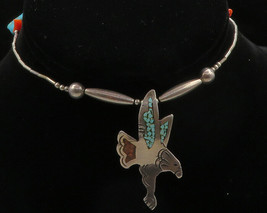 NAVAJO 925 Silver - Vintage Turquoise &amp; Coral Beaded Bird Chain Necklace- NE2184 - £116.92 GBP
