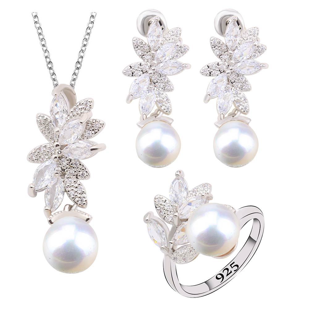 Black Pearl Dubai Jewelry Set for Women Earrings Necklace pendant Ring Gray Whit - £24.22 GBP