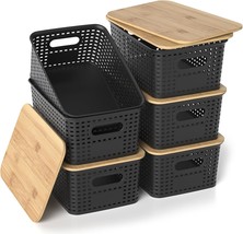 Plastic Storage Baskets With Bamboo Lids, Stackable Storage Bins For, Black - £37.07 GBP