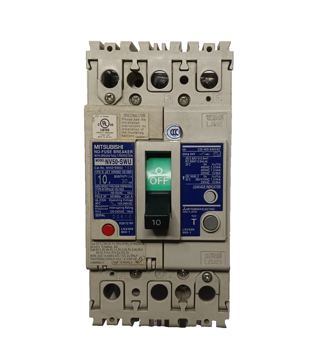 Mitsubishi NV50-SWU3 103 10A 3-Pole NO-Fuse Circuit Breaker NV50-SWU Japan - $29.00