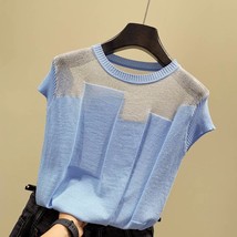 Patchwork ice silk knitted tops blusas mujer de moda women o neck short sleeve pullover thumb200