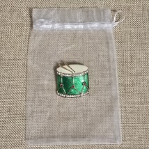 Vintage Monet Drum Brooch Pin Gold Tone Enamel Green Retired - $33.77 CAD