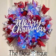 Christmas Poinsettia Holiday Ribbon Door Wreath Handmade 22 ins LED W14 - £62.54 GBP