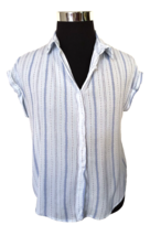 Hippie Rose Blouse Women&#39;s Size Large Blue White Short Sleeves Button Front - £8.95 GBP