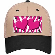 Pink White Zebra Pink Centered Hearts Novelty Khaki Mesh License Plate Hat - £22.79 GBP