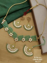 Kundan Necklace Earrings Tikka Tika Jewelry Set Light Green Beaded Chandbali - $22.76