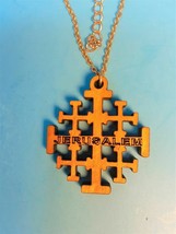 Religious Woman Jerusalem Olive Wood Cross Pendant w/ Gold color Chain. - £10.38 GBP