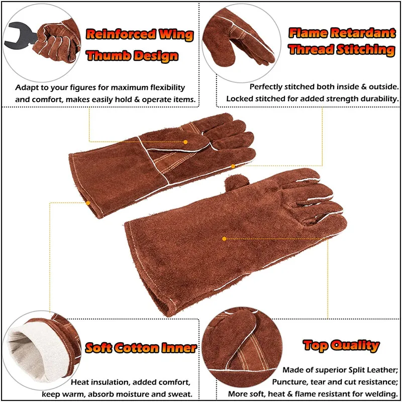 Flame-Resistant Welding Gloves and 24&quot; x 36&quot; Leather Work Apron - Ultimate Prote - £49.86 GBP