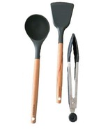 CAROTE 3-Pc Kitchen Set ~ BLACK ~ Silicone Spatula &amp; Ladle ~ Tongs ~ Woo... - $23.38