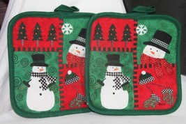 Pot Holders 2 pc. (new) SNOWMAN - DRK GREEN &amp; RED - 7&quot;X 7&quot; - £6.38 GBP