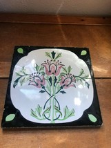 Antique Made in Spain Marked Black with Pink Tulips &amp; Green Leaves Arts &amp; Crafts - £9.72 GBP