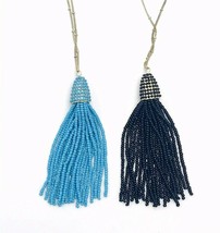 Lot of Two Charming Charlie Gold Tone Seed Bead Tassel Necklaces Blue Black - $17.82