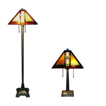 Tiffany Aztec Bronze Floor &amp; Table Lamp Set Serena Ditalia 60/23&quot; Handmade Glass - £411.23 GBP