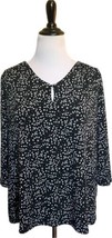 Tahari Top Plus Size 1X Black Green White Floral Keyhole Cutout Stretch Blouse - £22.97 GBP