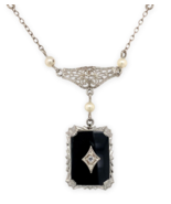 Filigree 10k Gold Black Onyx Necklace with Diamond Pearl Bead Accents (#... - $430.65