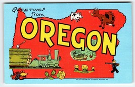 Greetings From Oregon Map Postcard Railroad Train Pig Fish Cow Axe Linen Kropp - £12.52 GBP