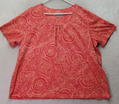 Coral Bay Blouse Women&#39;s 2X Red Orange Geometric Cotton Short Sleeve Round Neck - £15.93 GBP