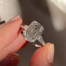 3.00CTW Emerald Cut Moissanite Three-Stone Engagement Ring 14k White Gold Plated - £221.62 GBP
