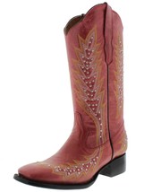 Womens Red Western Cowboy Boots Silver Studded Embroidered Square Toe - £65.09 GBP
