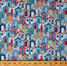 Cotton Beach Huts Summer Vacation Ocean Nautical Fabric Print by Yard D487.71 - £10.23 GBP