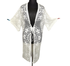 Off White Mesh Embroidered Tie Waist Boho Swim Cover Up Kimono ONE SIZE - $14.99