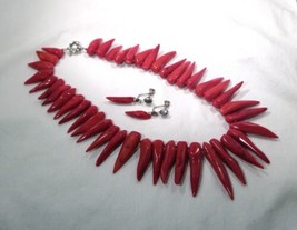Vintage Red Coral Resin Necklace &amp; Earring Set K1489 - £59.16 GBP