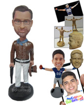 Personalized Bobblehead Dude Wearing Leather Jacket And Pant Has A Gun I... - £72.65 GBP