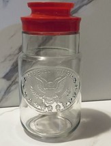 VTG Anchor Hocking Glass Jar Clear Canister 1776 Bicentennial Election Red Lid - £8.96 GBP