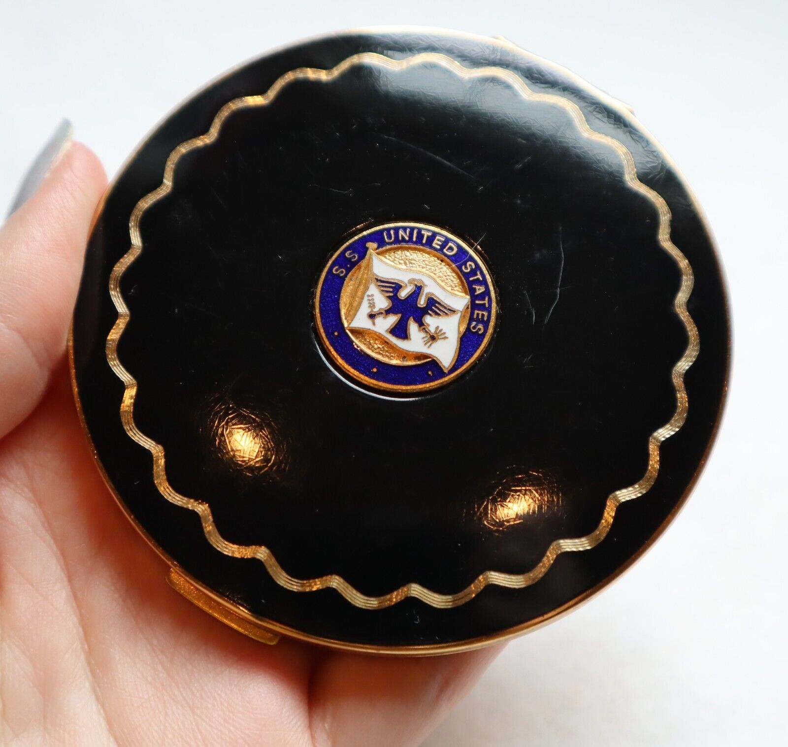 UNUSED Vintage Stratton Compact S.S. United States Ocean Liner Enamel Top w Puff - $74.25