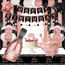 Rose Gold and Black Party Decorations - Happy Birthday Banner, Balloons, Fringe - £18.20 GBP