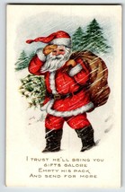 Santa Claus Christmas Postcard Walking In Snow Trees Snowflake Whitney Embossed - £13.07 GBP